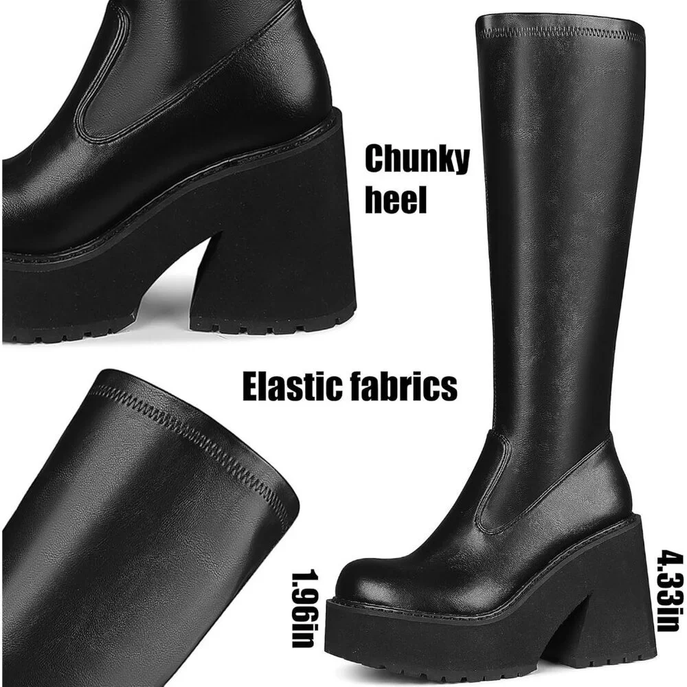 Aminugal Womens Black Synthetic Chunky Block High Heel Knee High Platform Boots